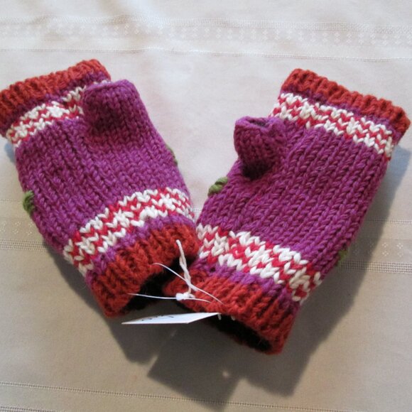 Handmade Embroidered Wool Fingerless Gloves – Made in Nepal - Picture 3 of 5